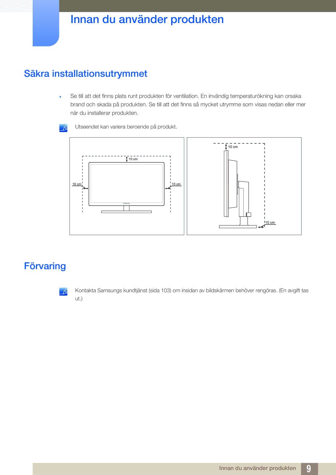 Samsung LF22NTBHBNM/EN, LF24NEBHBNU/EN, LF24NEBHBNM/EN, LF24FN1PFBZXEN manual Säkra installationsutrymmet, Förvaring 