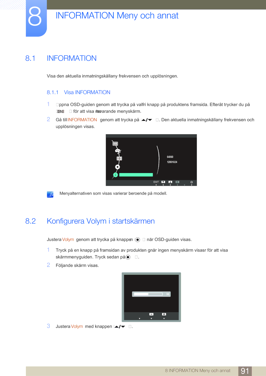 Samsung LF24FN1PFBZXEN, LF24NEBHBNU/EN manual Information Meny och annat, Konfigurera Volym i startskärmen, Visa Information 