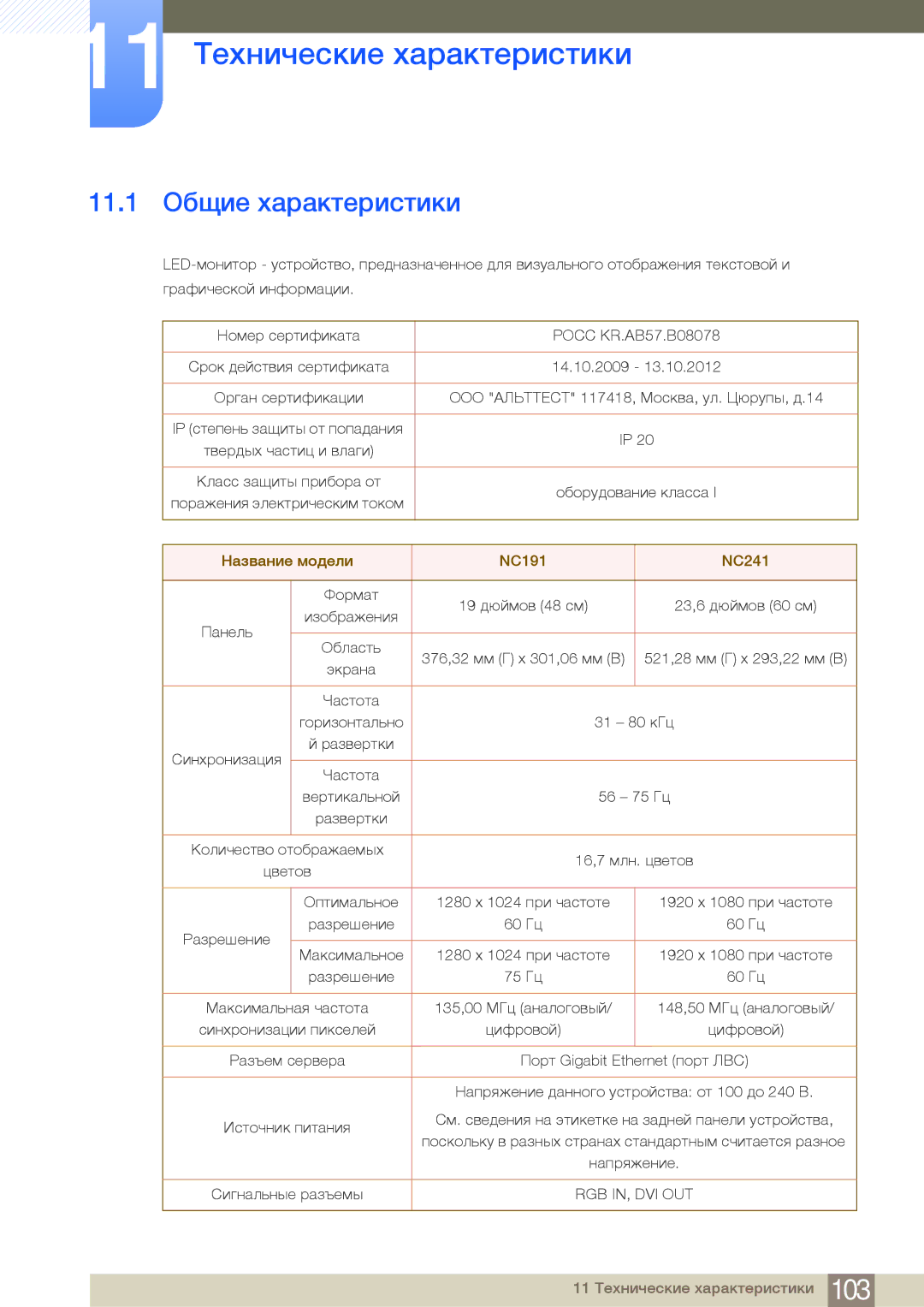 Samsung LF24FN1PFBZXEN, LF24NEBHBNU/EN, LF24FN1PFBZXCI manual 11 Технические характеристики, 11.1 Общие характеристики 