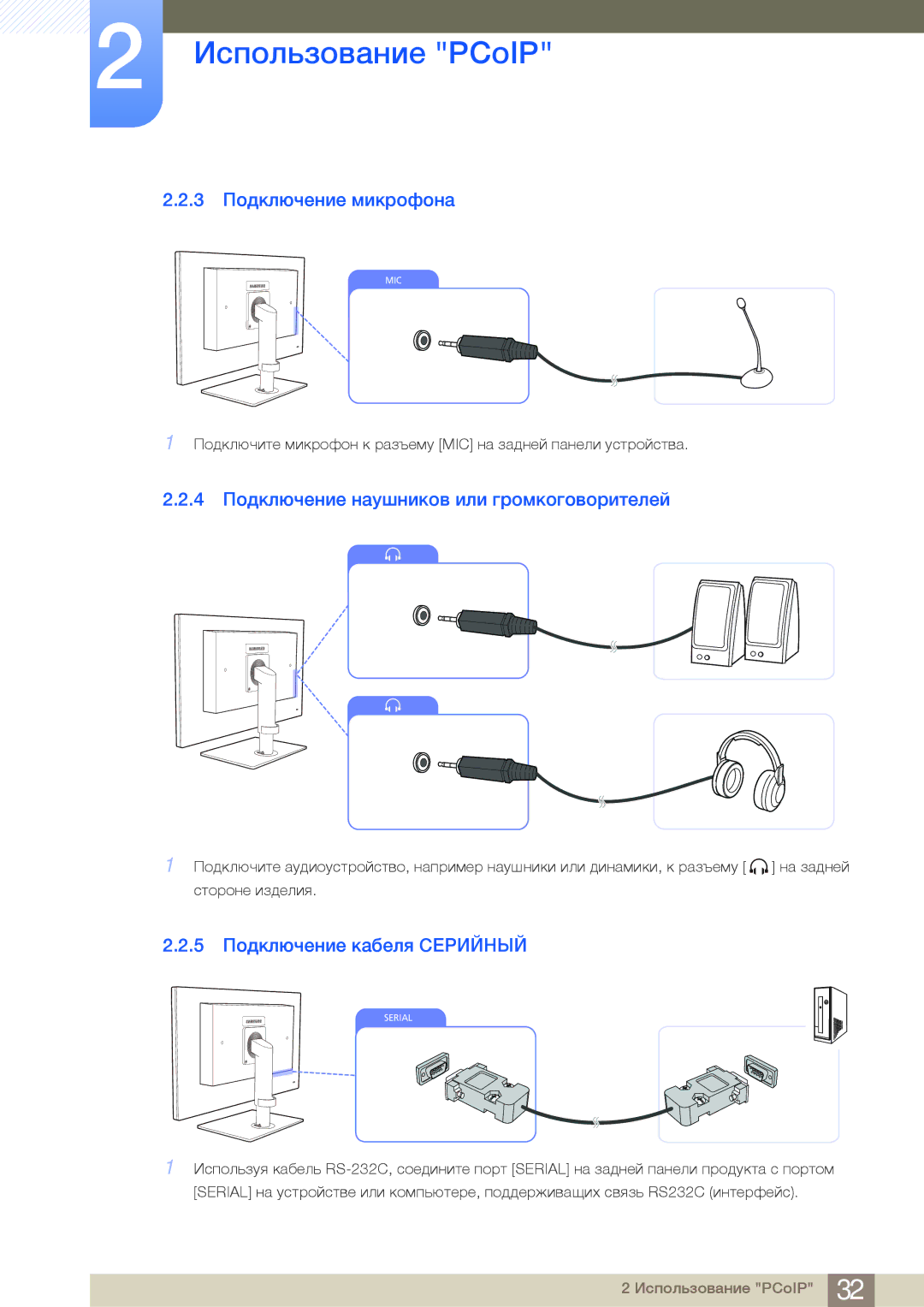 Samsung LF24FN1PFBZXCI, LF24NEBHBNU/EN manual 3 Подключение микрофона, 4 Подключение наушников или громкоговорителей 