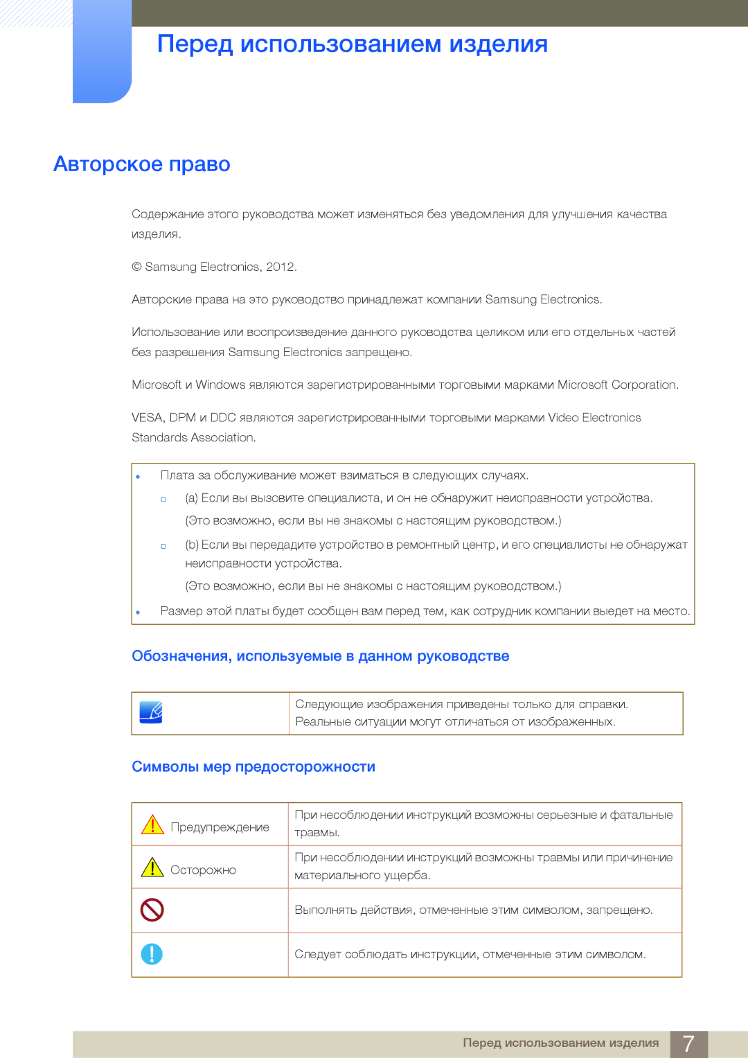 Samsung LF24FN1PFBZXEN manual Перед использованием изделия, Авторское право, Обозначения, используемые в данном руководстве 