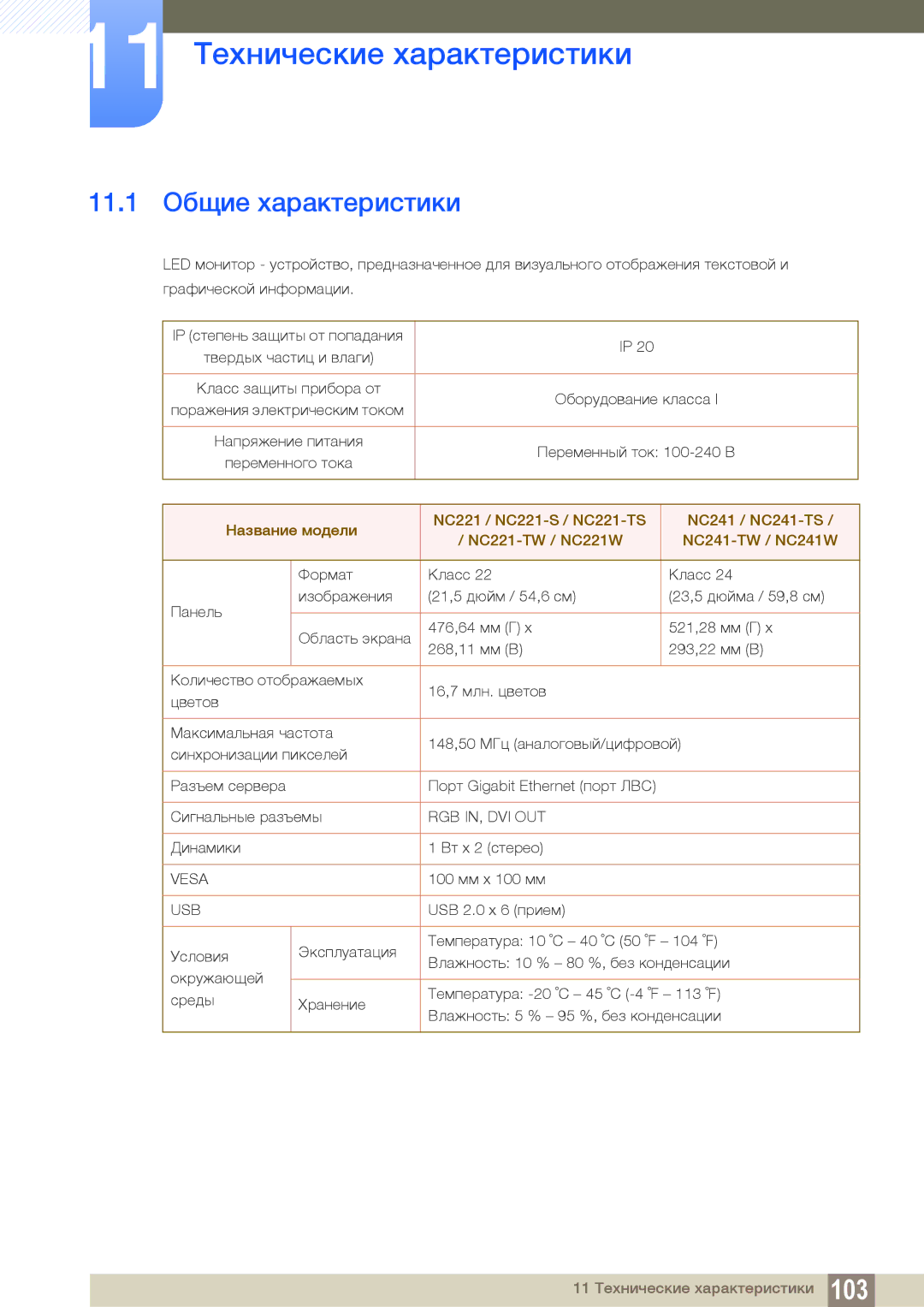 Samsung LF24FN1PFBZXEN, LF24NEBHBNU/EN, LF24FN1PFBZXCI manual 11 Технические характеристики, 11.1 Общие характеристики 