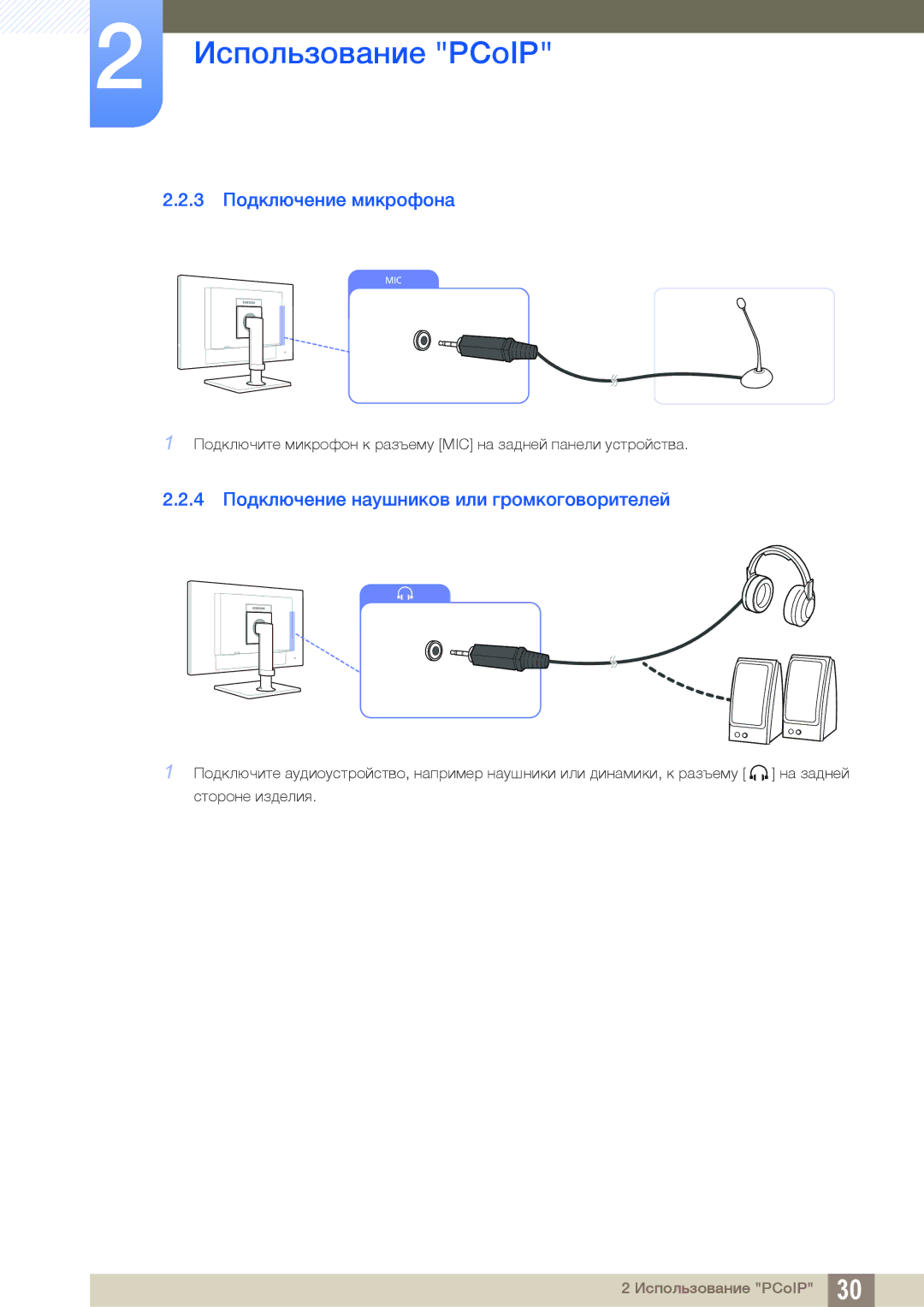 Samsung LF24NEBHBNU/EN, LF24FN1PFBZXEN manual 3 Подключение микрофона, 4 Подключение наушников или громкоговорителей 