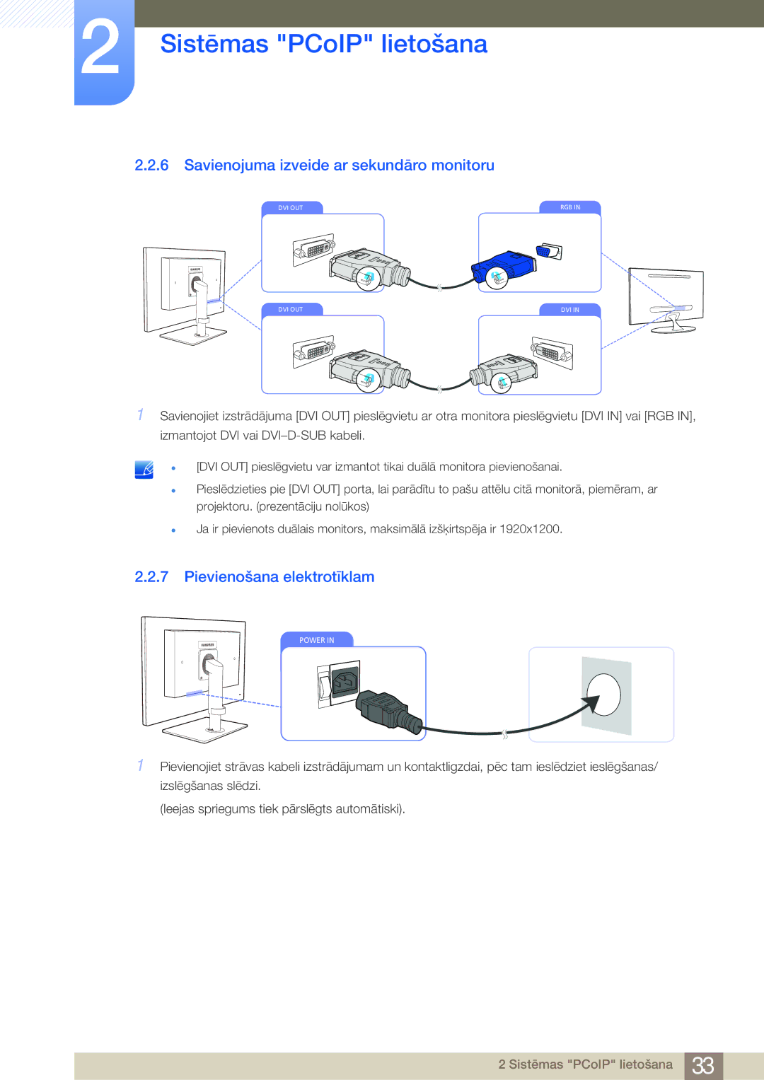 Samsung LF24FN1PFBZXEN, LF24NEBHBNU/EN manual Savienojuma izveide ar sekundāro monitoru, Pievienošana elektrotīklam 