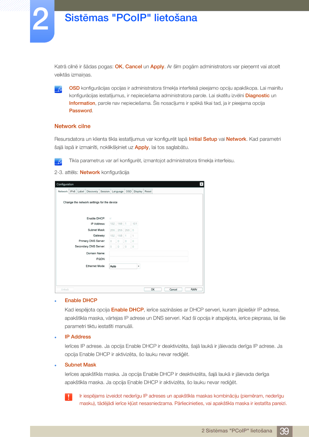 Samsung LF24FN1PFBZXEN, LF24NEBHBNU/EN manual Network cilne, Enable Dhcp, IP Address, Subnet Mask 