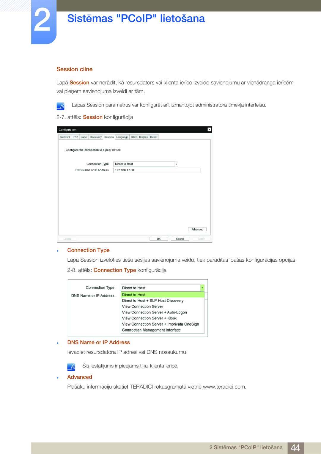 Samsung LF24NEBHBNU/EN, LF24FN1PFBZXEN manual Session cilne, Connection Type, DNS Name or IP Address, Advanced 