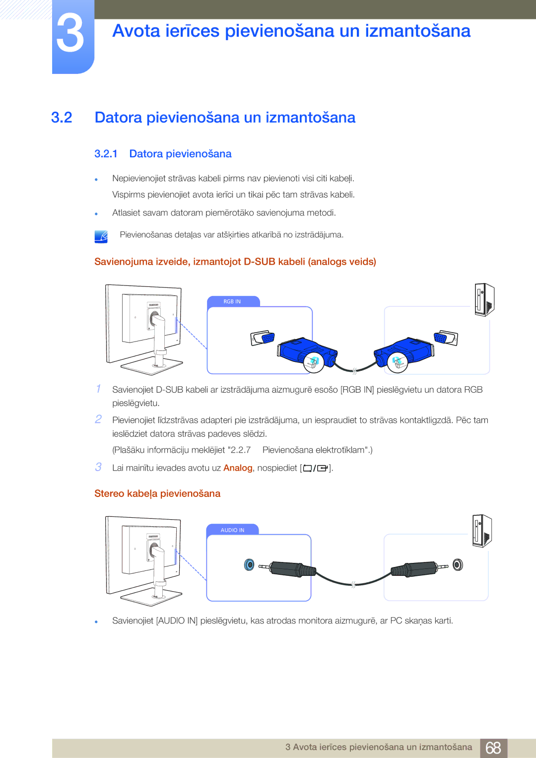 Samsung LF24NEBHBNU/EN Datora pievienošana un izmantošana, Savienojuma izveide, izmantojot D-SUB kabeli analogs veids 