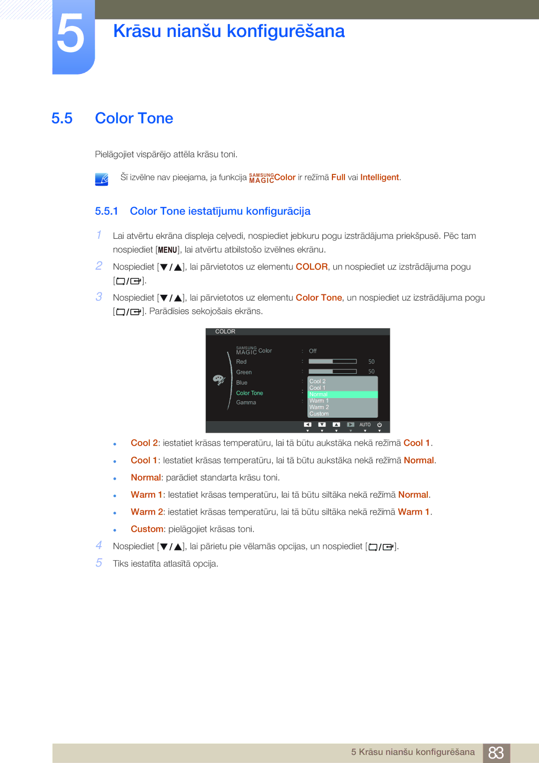 Samsung LF24FN1PFBZXEN, LF24NEBHBNU/EN manual Color Tone iestatījumu konfigurācija 