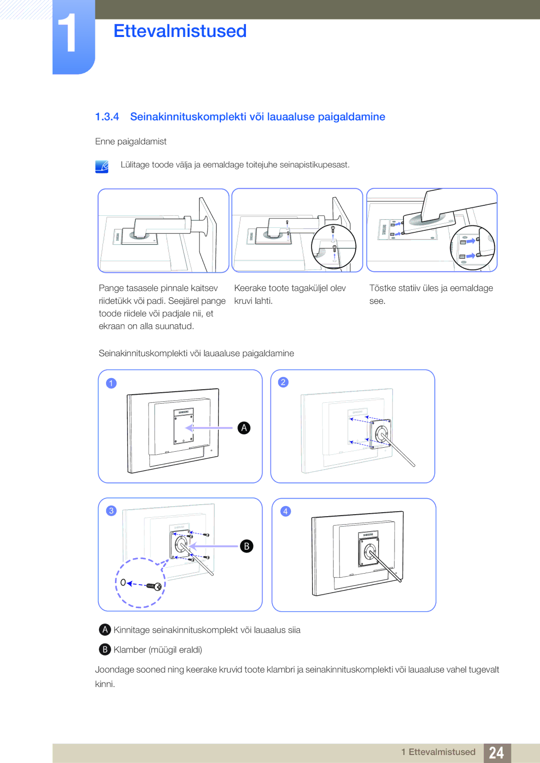 Samsung LF24NEBHBNU/EN, LF24FN1PFBZXEN manual Seinakinnituskomplekti või lauaaluse paigaldamine 