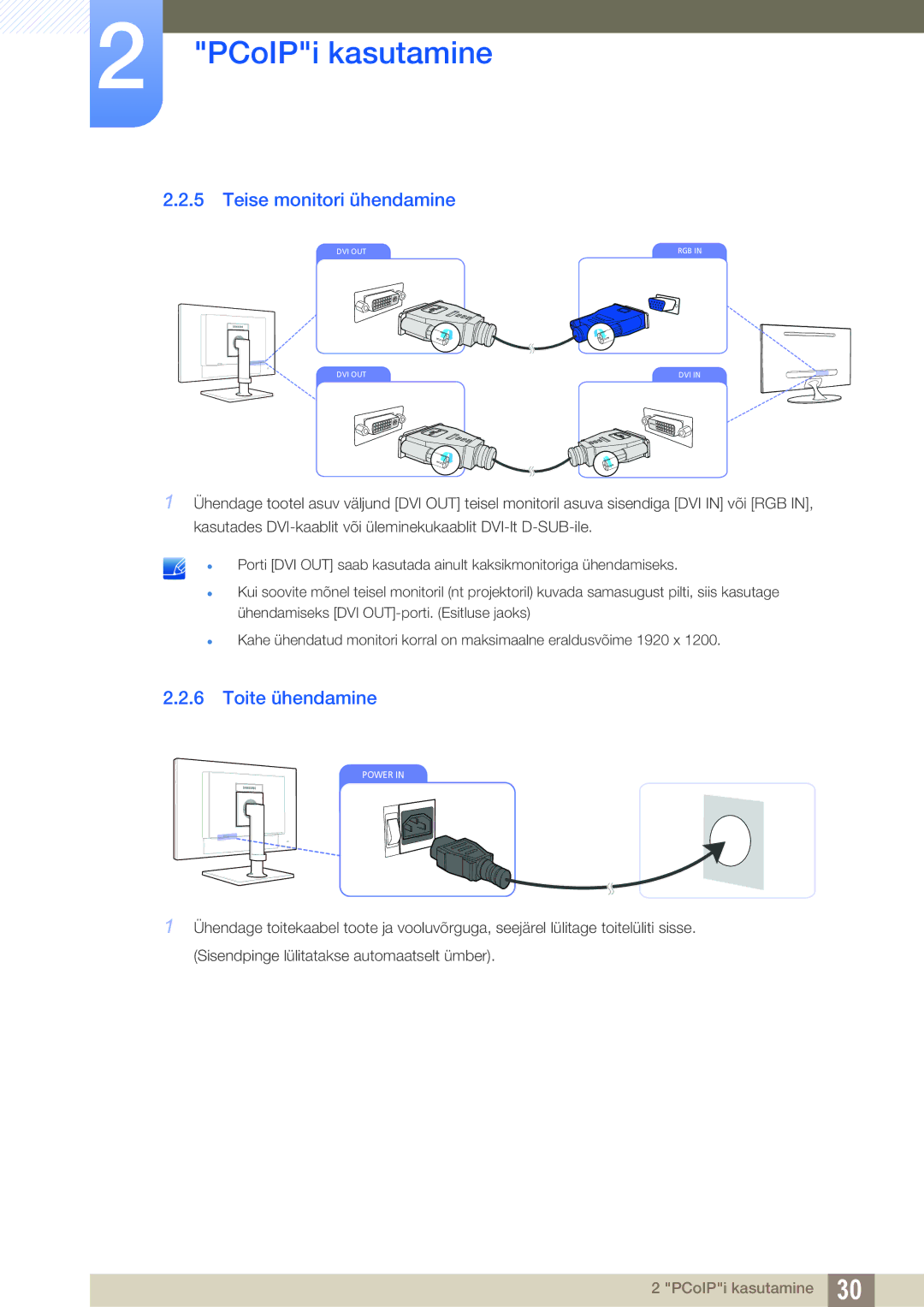 Samsung LF24NEBHBNU/EN, LF24FN1PFBZXEN manual Teise monitori ühendamine, Toite ühendamine 