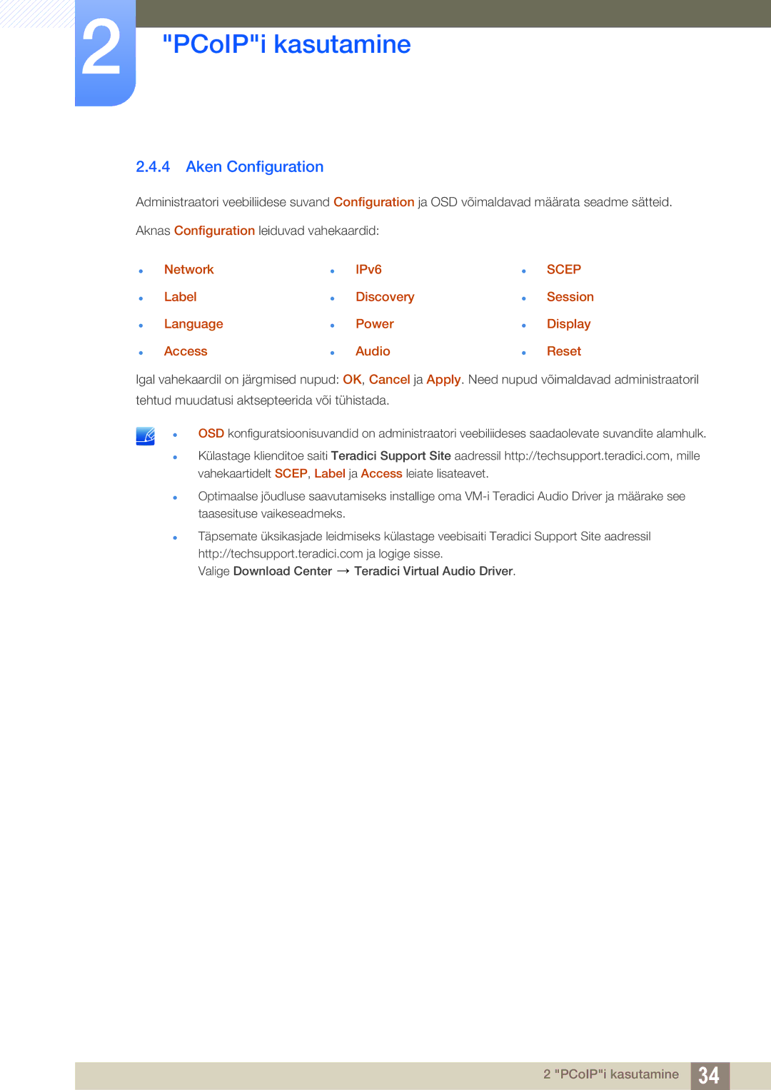 Samsung LF24NEBHBNU/EN Aken Configuration, Network Label Language Access IPv6 Discovery Power Audio, Session Display Reset 