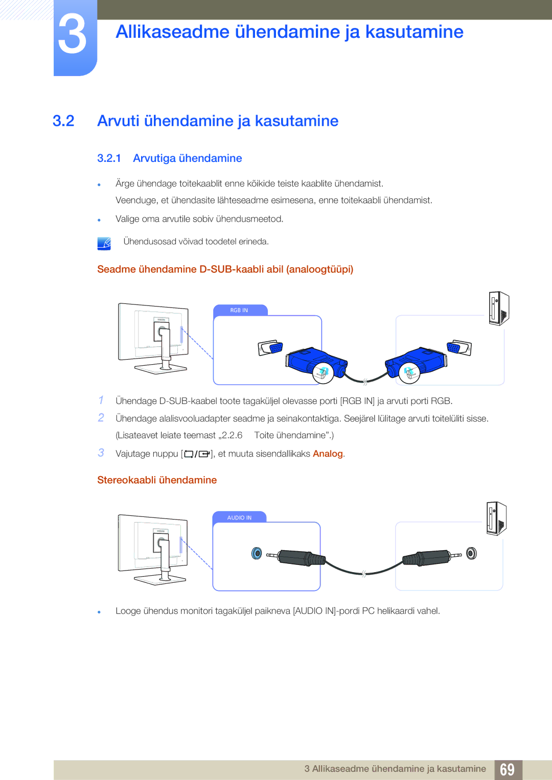 Samsung LF24FN1PFBZXEN, LF24NEBHBNU/EN manual Arvuti ühendamine ja kasutamine, Arvutiga ühendamine, Stereokaabli ühendamine 