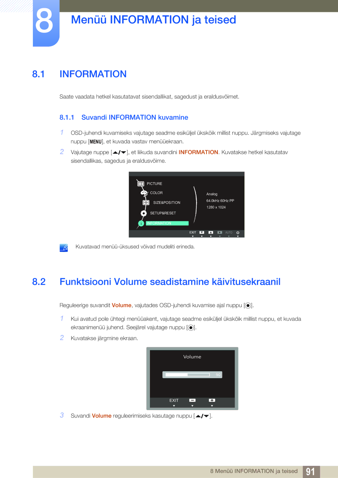 Samsung LF24FN1PFBZXEN, LF24NEBHBNU/EN manual Menüü Information ja teised, Funktsiooni Volume seadistamine käivitusekraanil 