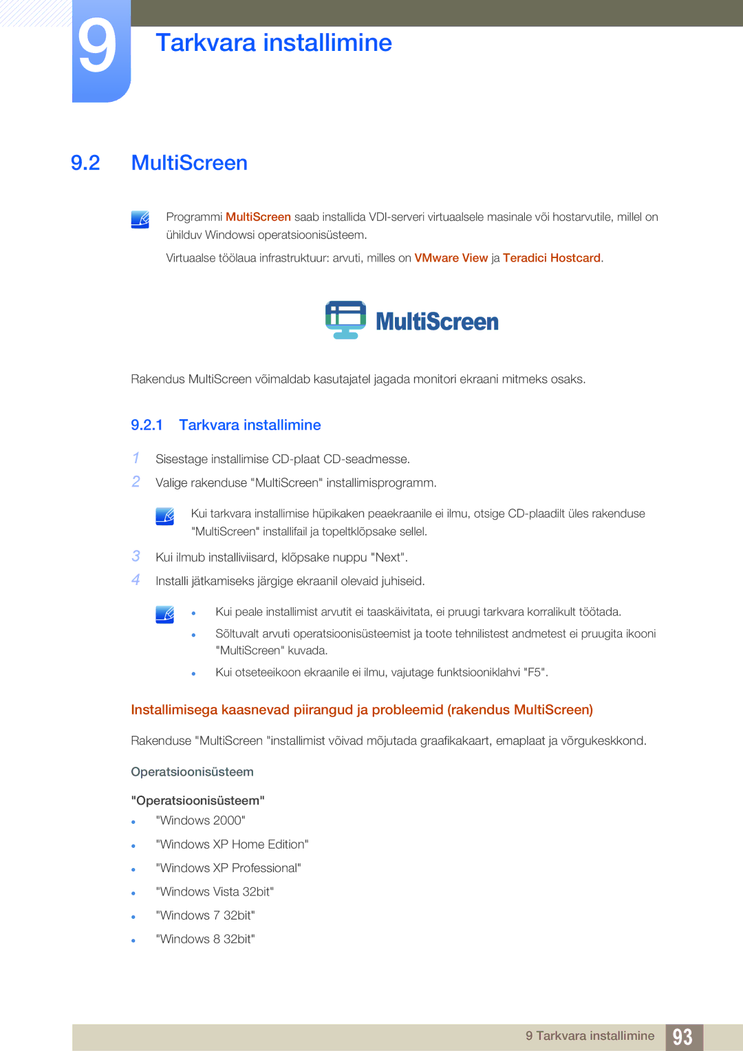 Samsung LF24FN1PFBZXEN, LF24NEBHBNU/EN manual MultiScreen, Tarkvara installimine 