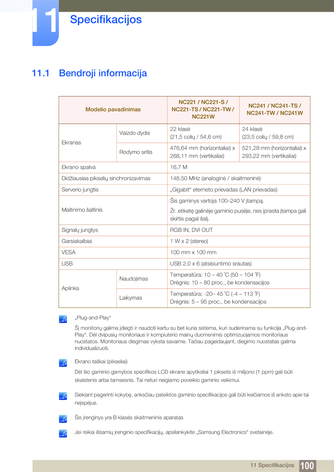 Samsung LF24NEBHBNU/EN, LF24FN1PFBZXEN manual Specifikacijos, Bendroji informacija 