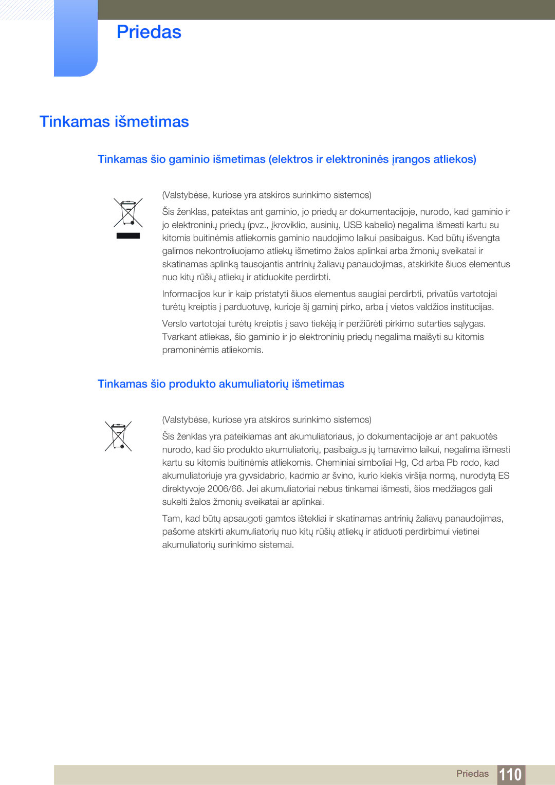 Samsung LF24NEBHBNU/EN, LF24FN1PFBZXEN manual Tinkamas išmetimas, Tinkamas šio produkto akumuliatorių išmetimas 