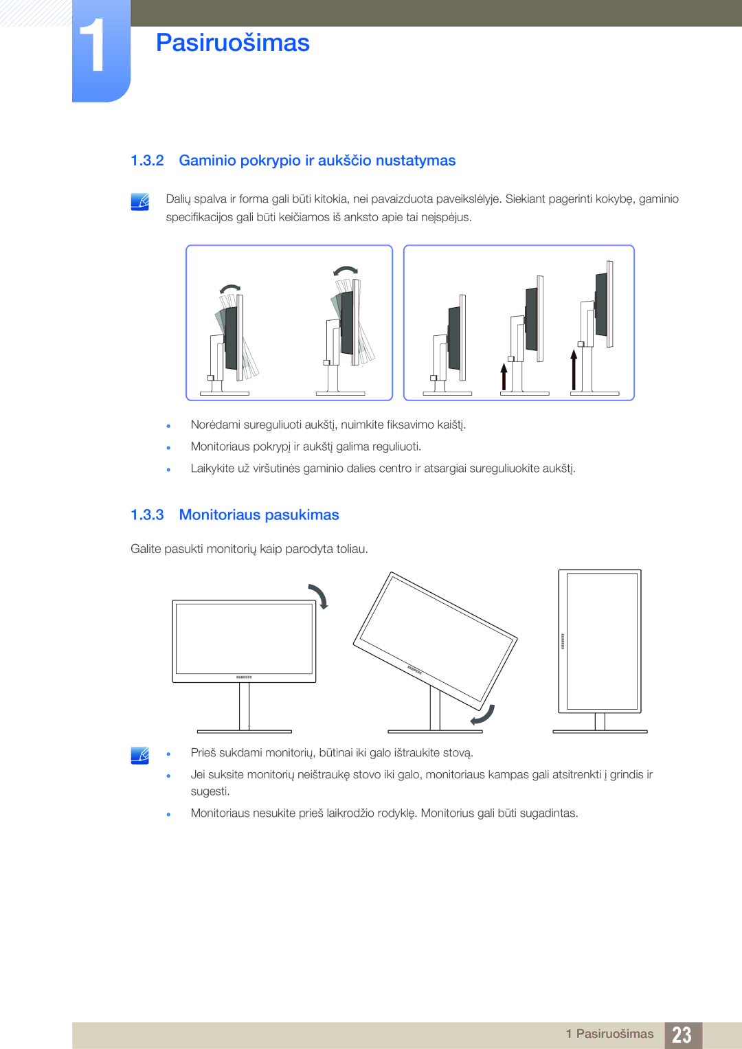 Samsung LF24FN1PFBZXEN, LF24NEBHBNU/EN manual Gaminio pokrypio ir aukščio nustatymas, Monitoriaus pasukimas 