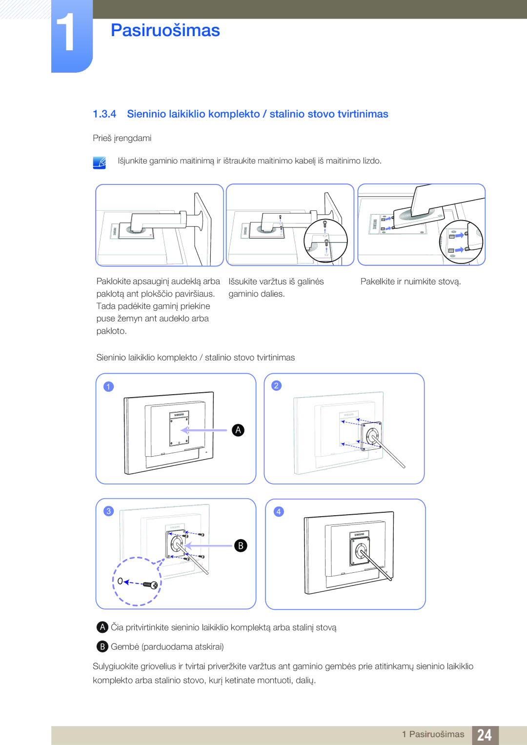 Samsung LF24NEBHBNU/EN, LF24FN1PFBZXEN manual Sieninio laikiklio komplekto / stalinio stovo tvirtinimas 