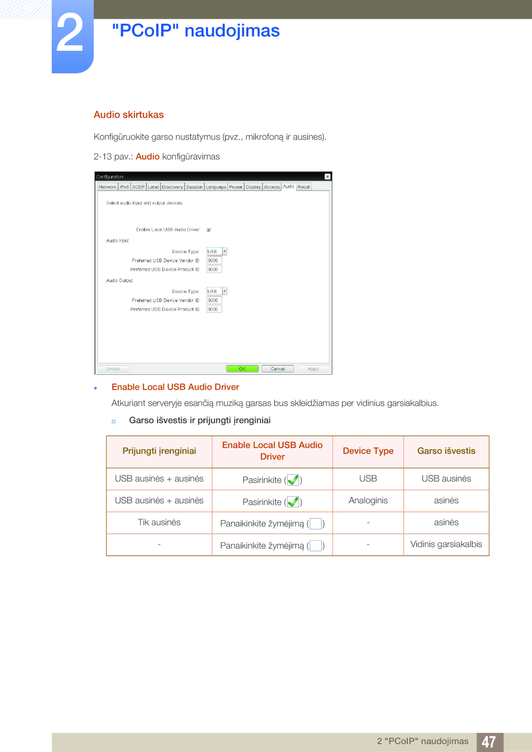 Samsung LF24FN1PFBZXEN manual Audio skirtukas,  Enable Local USB Audio Driver, Enable Local USB Audio Device Type 