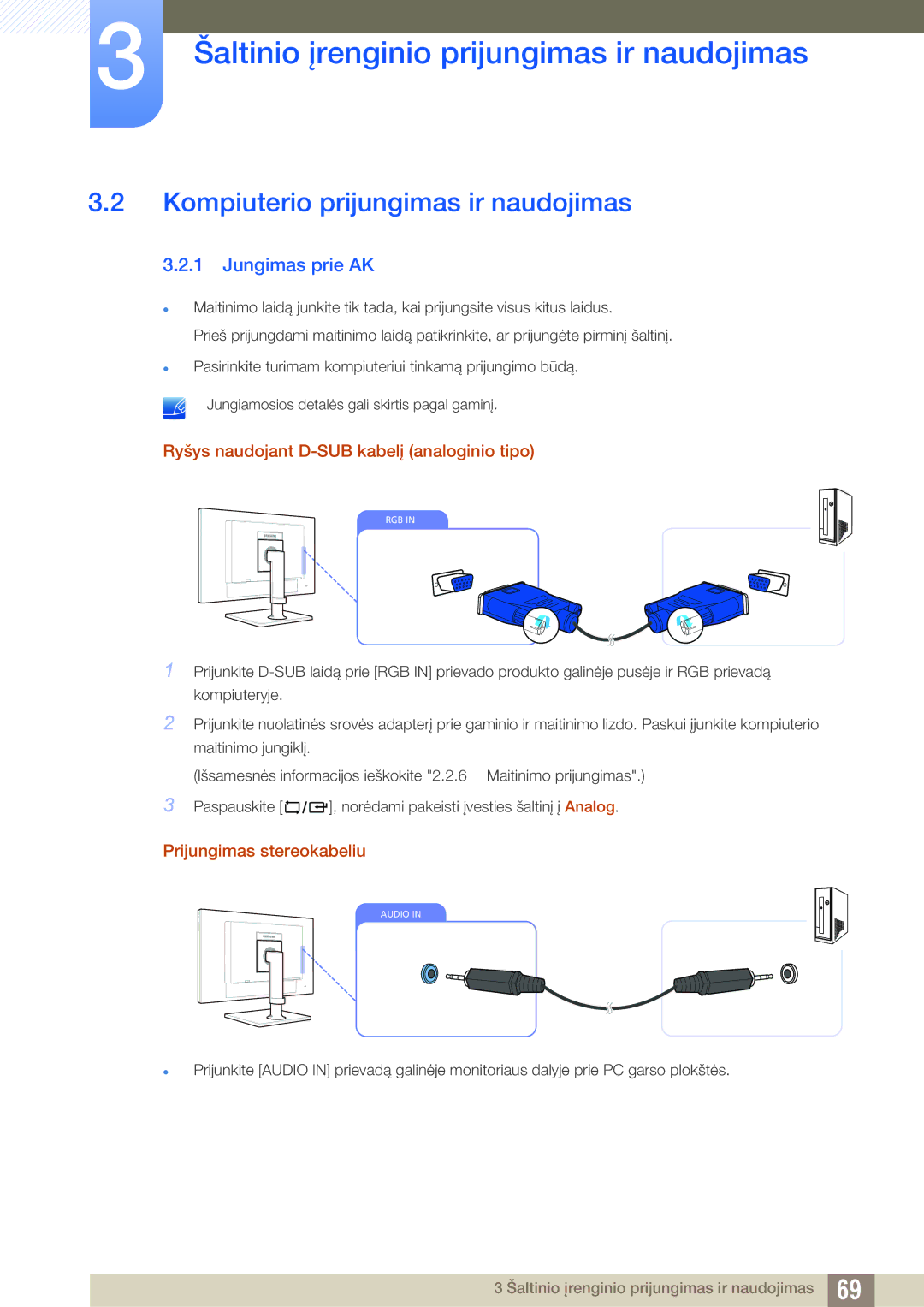 Samsung LF24FN1PFBZXEN, LF24NEBHBNU/EN Kompiuterio prijungimas ir naudojimas, Jungimas prie AK, Prijungimas stereokabeliu 