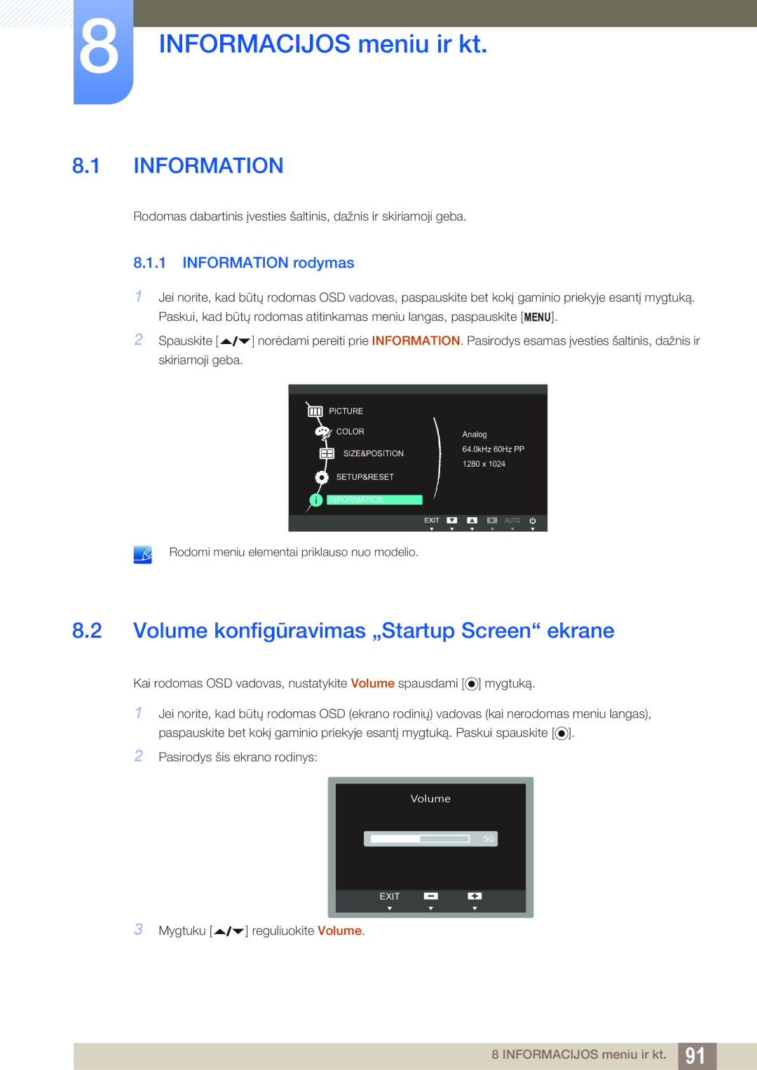 Samsung LF24FN1PFBZXEN manual Informacijos meniu ir kt, Volume konfigūravimas „Startup Screen ekrane, Information rodymas 