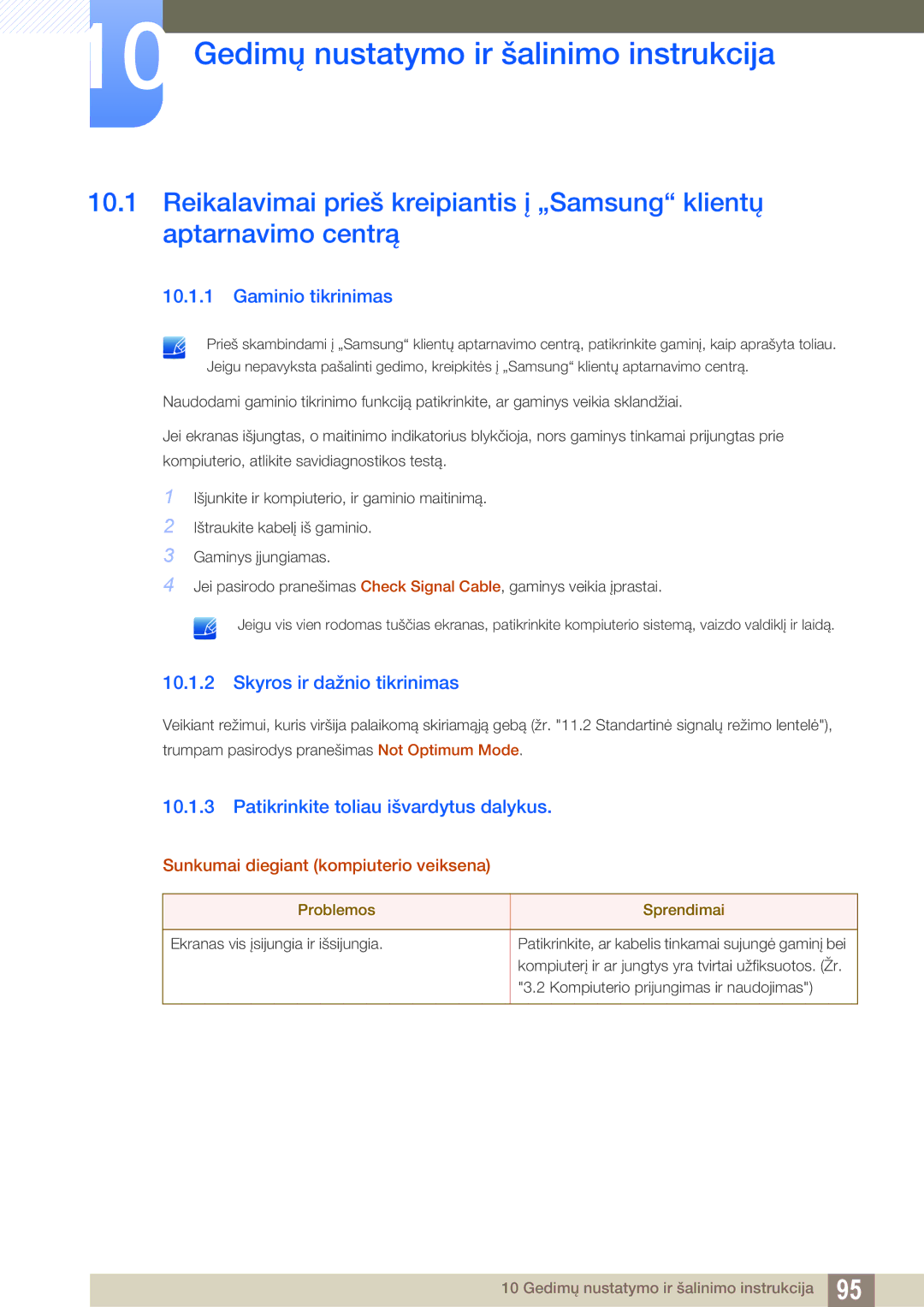 Samsung LF24FN1PFBZXEN manual Gedimų nustatymo ir šalinimo instrukcija, Gaminio tikrinimas, Skyros ir dažnio tikrinimas 