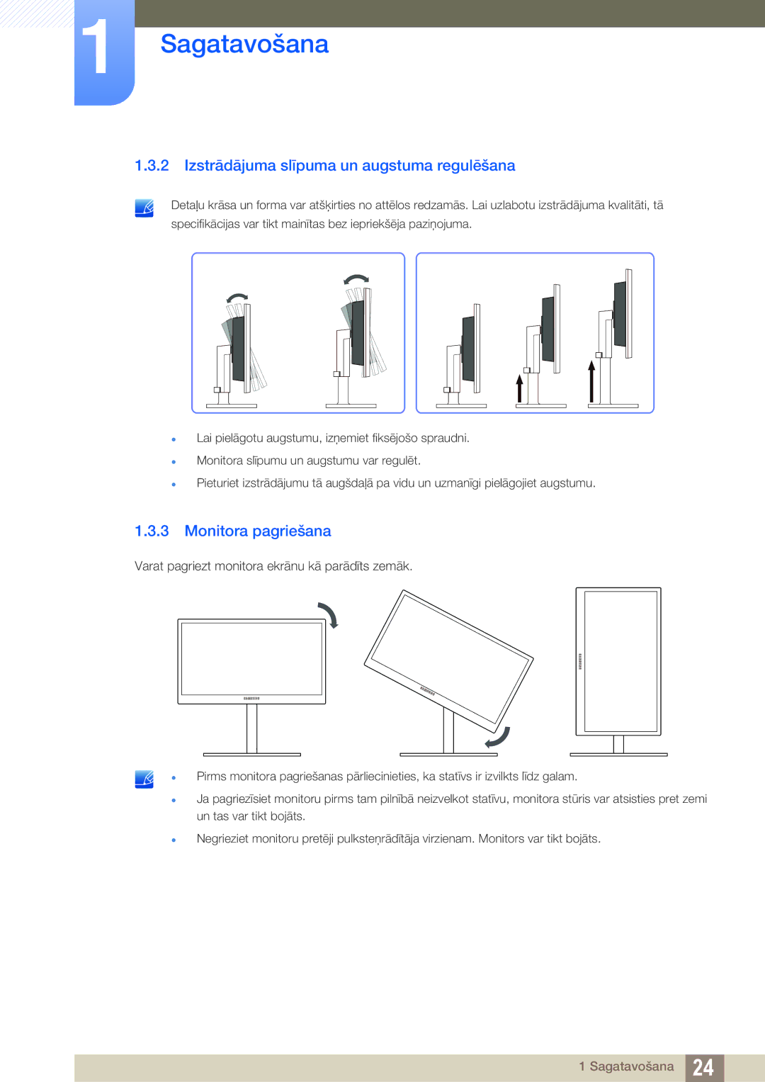 Samsung LF24NEBHBNU/EN, LF24FN1PFBZXEN manual Izstrādājuma slīpuma un augstuma regulēšana, Monitora pagriešana 