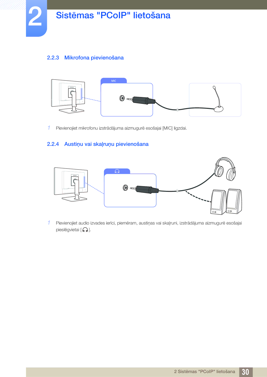 Samsung LF24NEBHBNU/EN, LF24FN1PFBZXEN manual Mikrofona pievienošana, Austiņu vai skaļruņu pievienošana 