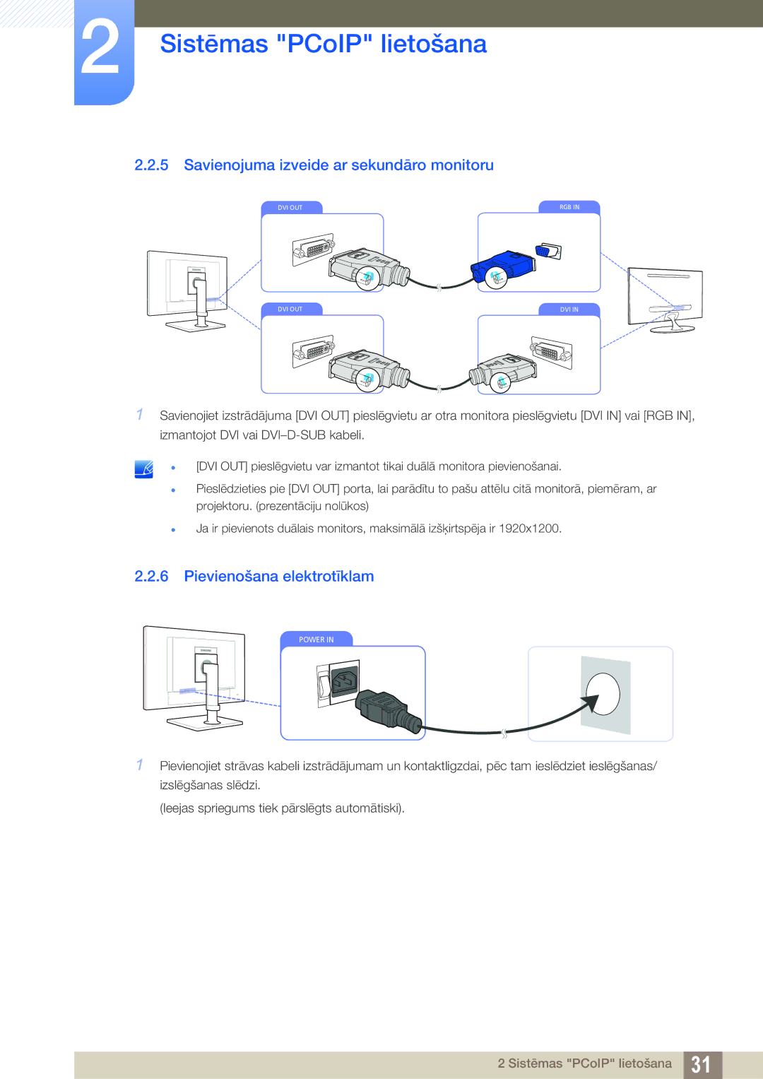 Samsung LF24FN1PFBZXEN, LF24NEBHBNU/EN manual Savienojuma izveide ar sekundāro monitoru, Pievienošana elektrotīklam 