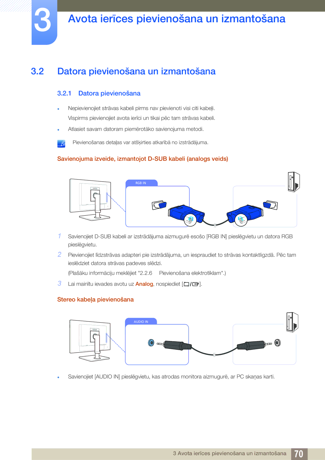 Samsung LF24NEBHBNU/EN Datora pievienošana un izmantošana, Savienojuma izveide, izmantojot D-SUB kabeli analogs veids 