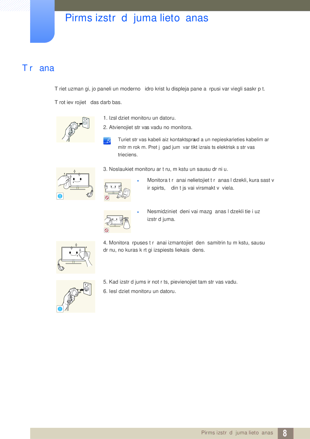 Samsung LF24NEBHBNU/EN, LF24FN1PFBZXEN manual Tīrīšana 