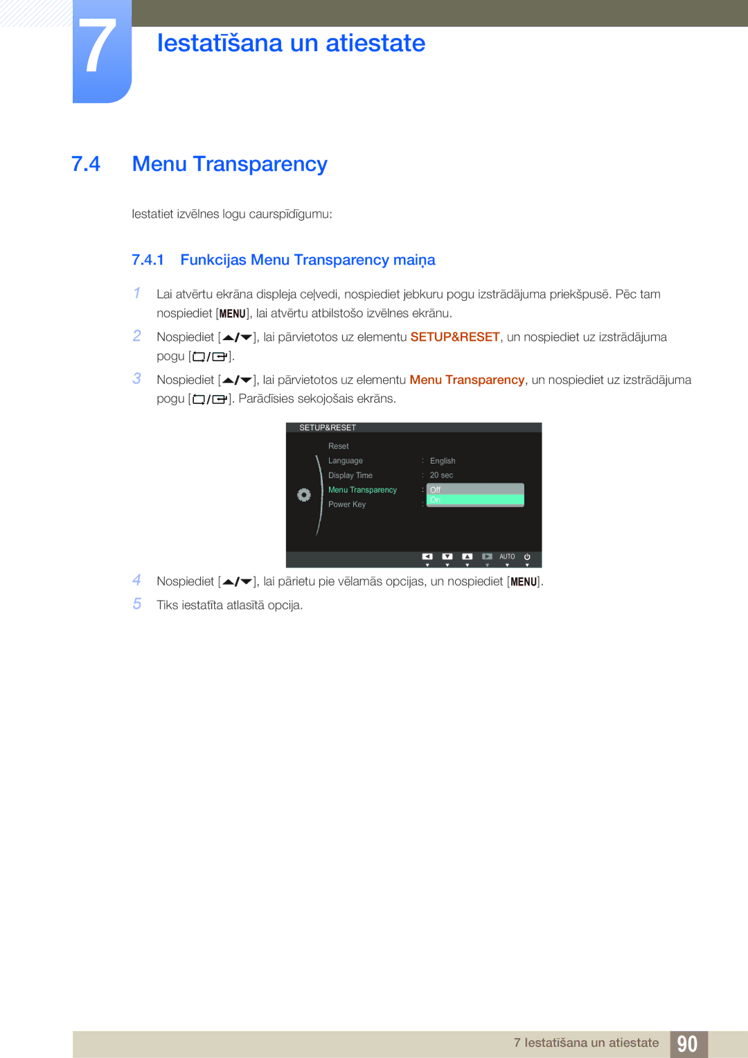 Samsung LF24NEBHBNU/EN, LF24FN1PFBZXEN manual Funkcijas Menu Transparency maiņa 