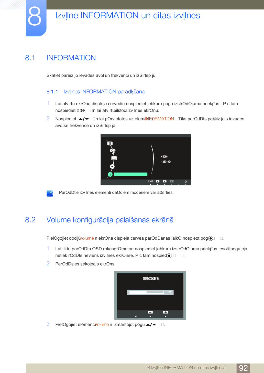 Samsung LF24NEBHBNU/EN, LF24FN1PFBZXEN manual Izvēlne Information un citas izvēlnes, Volume konfigurācija palaišanas ekrānā 