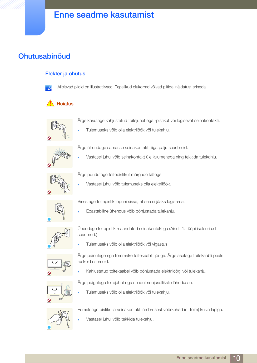 Samsung LF24NEBHBNU/EN, LF24FN1PFBZXEN manual Ohutusabinõud, Elekter ja ohutus, Hoiatus 