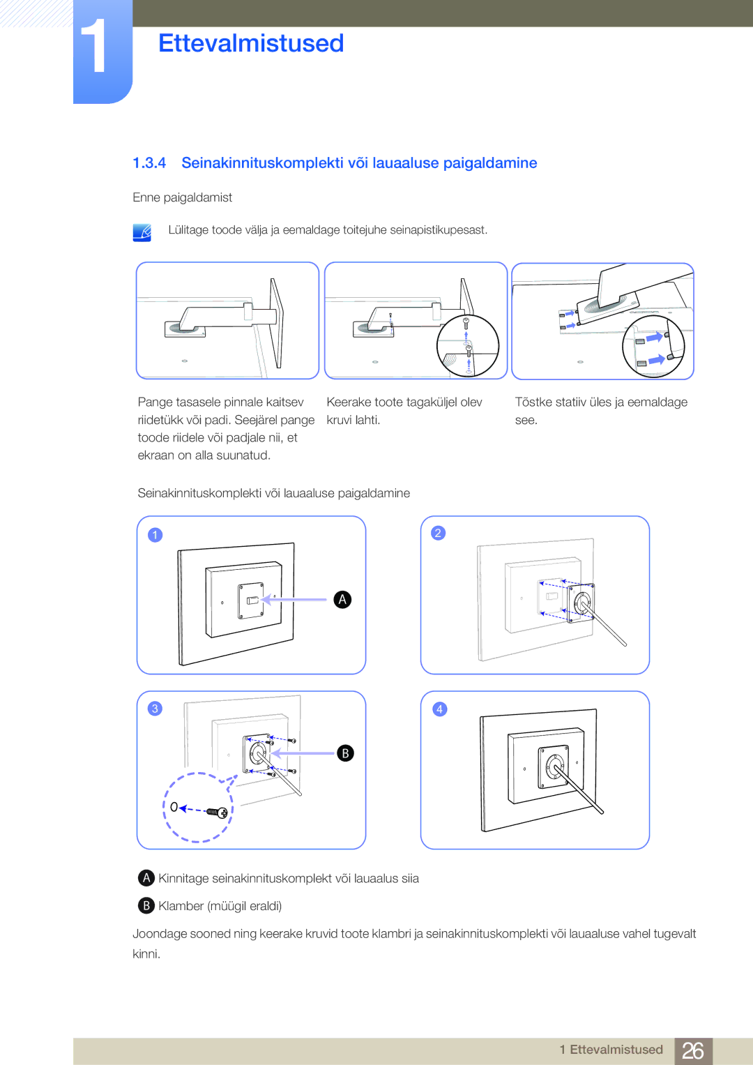 Samsung LF24NEBHBNU/EN, LF24FN1PFBZXEN manual Seinakinnituskomplekti või lauaaluse paigaldamine 