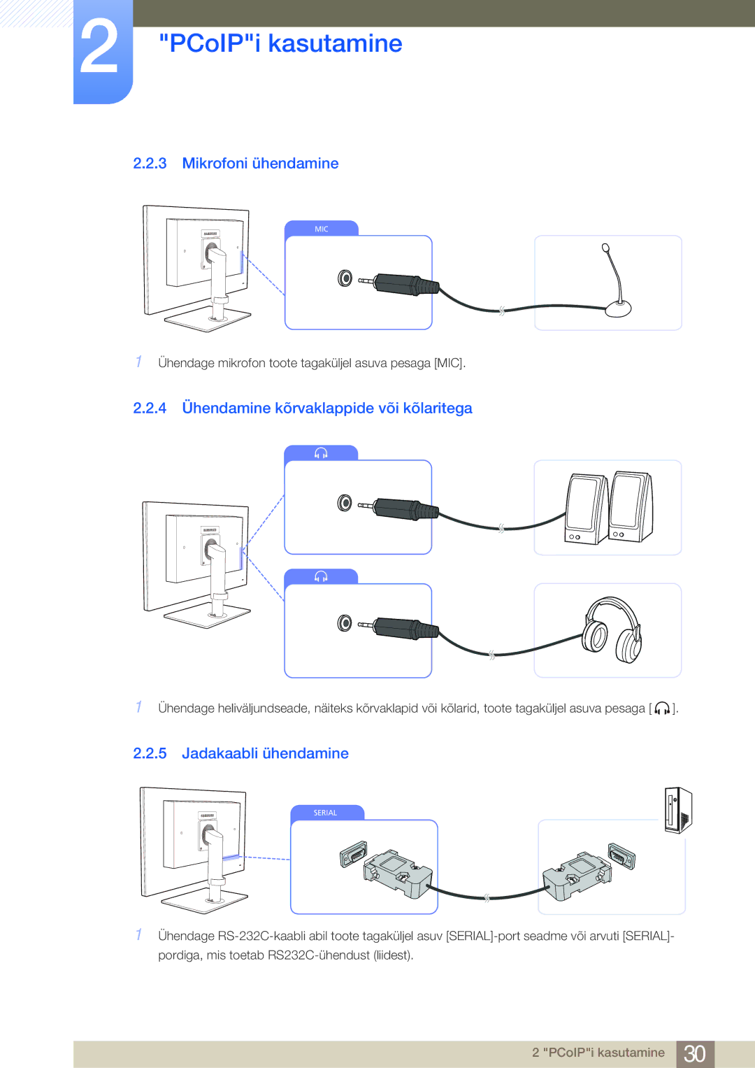 Samsung LF24NEBHBNU/EN manual Mikrofoni ühendamine, 4 Ühendamine kõrvaklappide või kõlaritega, Jadakaabli ühendamine 