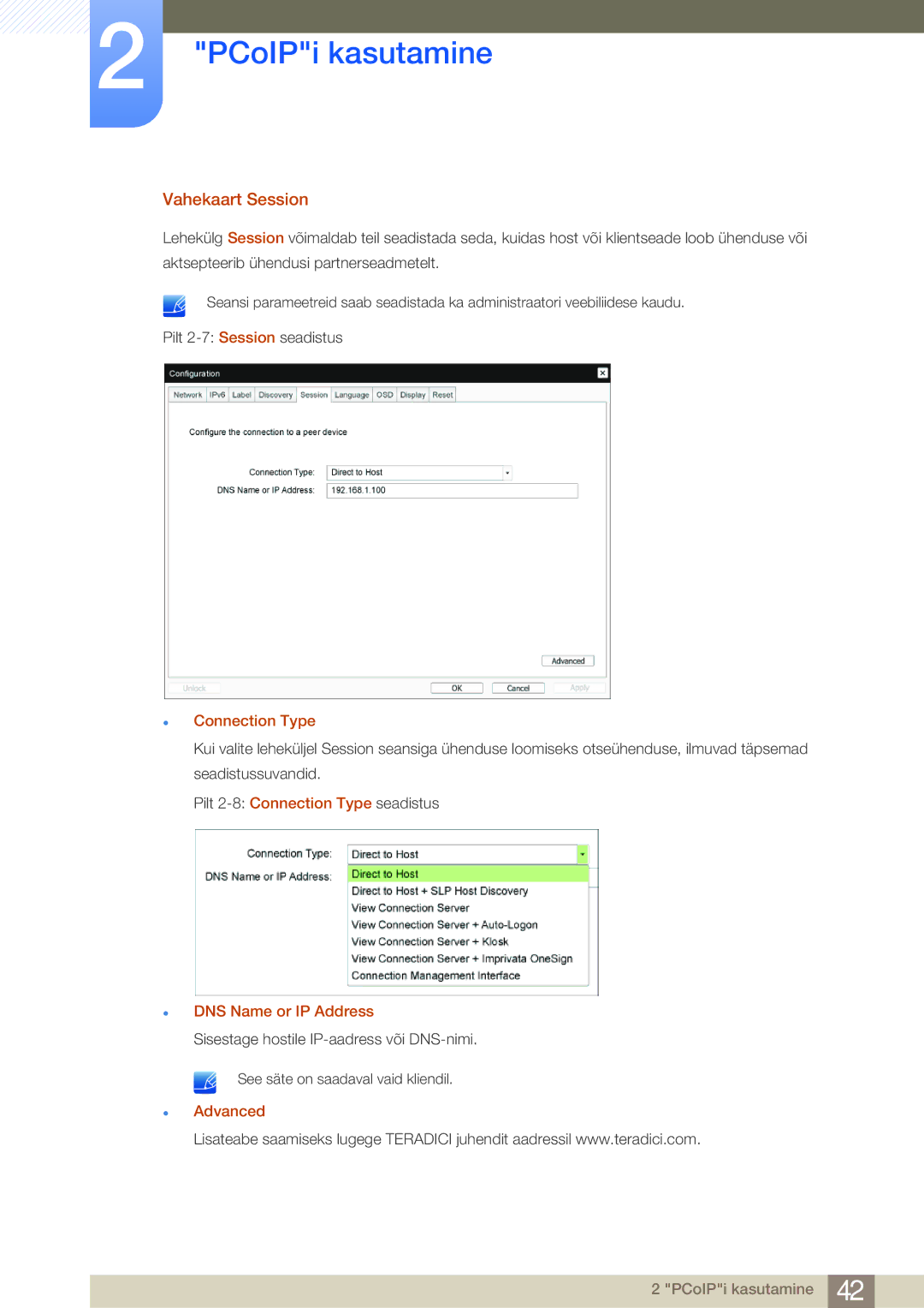 Samsung LF24NEBHBNU/EN, LF24FN1PFBZXEN manual Vahekaart Session, Connection Type, DNS Name or IP Address, Advanced 