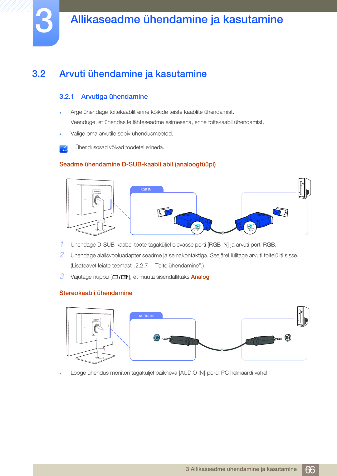 Samsung LF24NEBHBNU/EN, LF24FN1PFBZXEN manual Arvuti ühendamine ja kasutamine, Arvutiga ühendamine, Stereokaabli ühendamine 