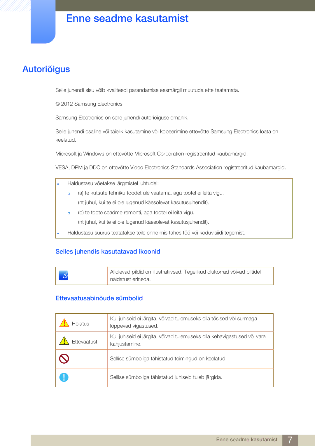 Samsung LF24FN1PFBZXEN, LF24NEBHBNU/EN manual Enne seadme kasutamist, Autoriõigus, Selles juhendis kasutatavad ikoonid 