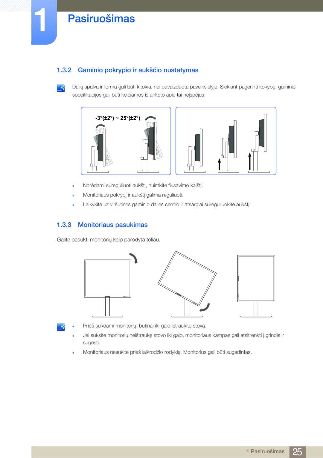 Samsung LF24FN1PFBZXEN, LF24NEBHBNU/EN manual Gaminio pokrypio ir aukščio nustatymas, Monitoriaus pasukimas 