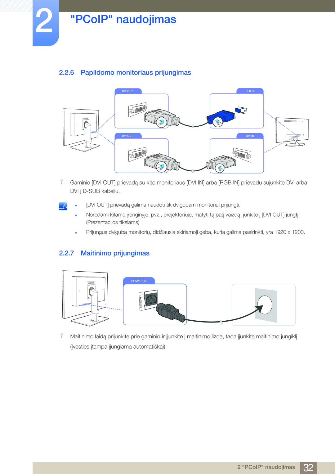 Samsung LF24NEBHBNU/EN, LF24FN1PFBZXEN manual Papildomo monitoriaus prijungimas, Maitinimo prijungimas 