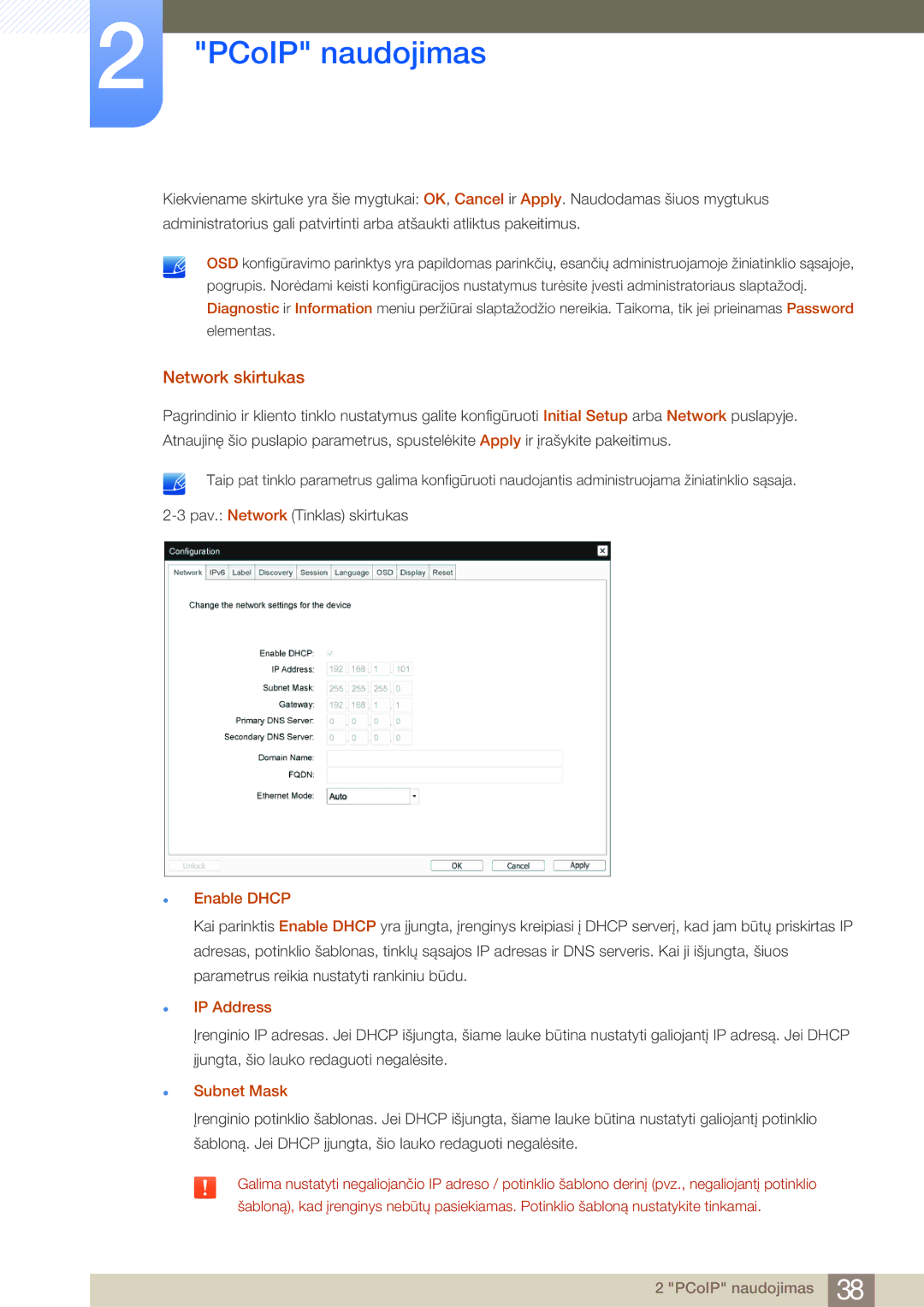 Samsung LF24NEBHBNU/EN, LF24FN1PFBZXEN manual Network skirtukas, Enable Dhcp, IP Address, Subnet Mask 