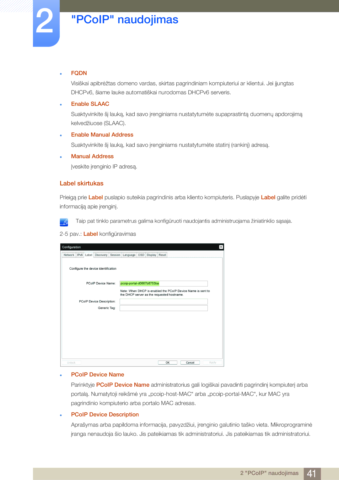 Samsung LF24FN1PFBZXEN Label skirtukas, Enable Slaac, Enable Manual Address, PCoIP Device Name, PCoIP Device Description 