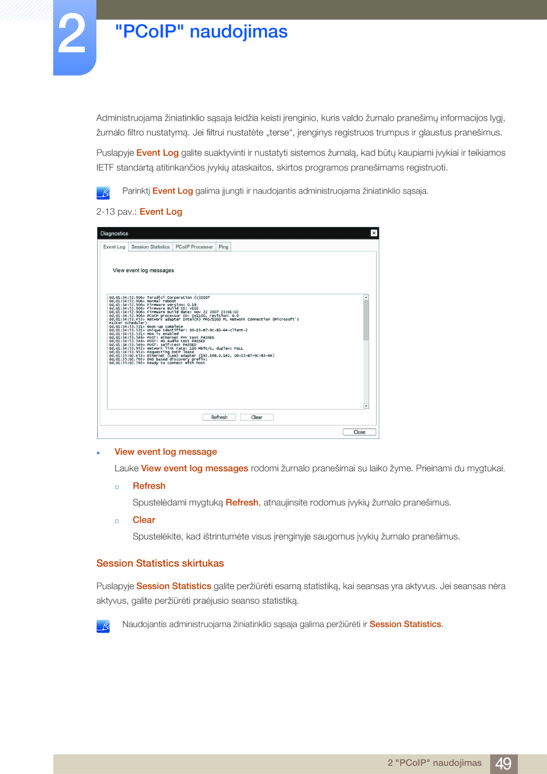 Samsung LF24FN1PFBZXEN, LF24NEBHBNU/EN manual Session Statistics skirtukas, View event log message, † Refresh, † Clear 