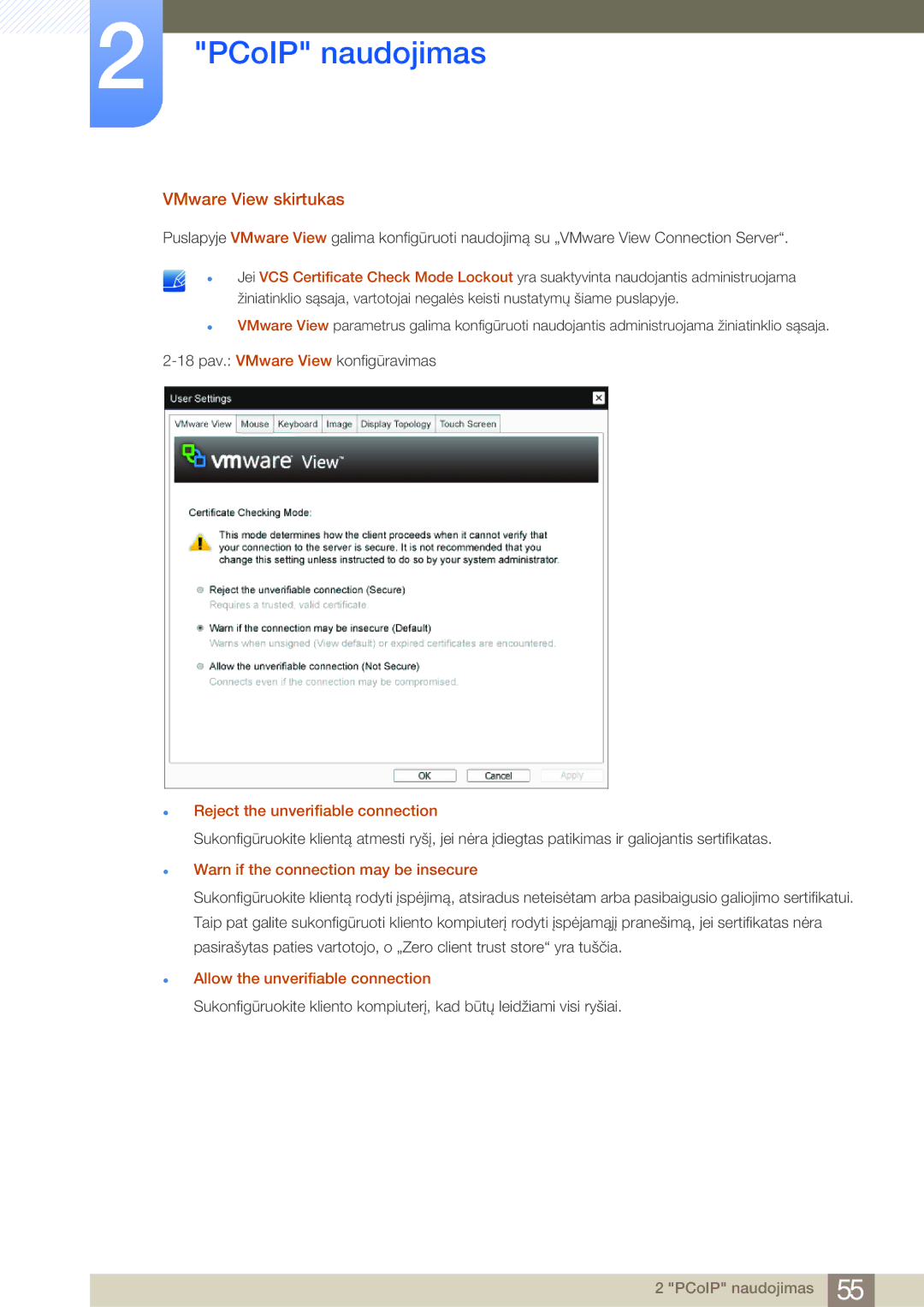 Samsung LF24FN1PFBZXEN manual VMware View skirtukas, Reject the unverifiable connection, Allow the unverifiable connection 