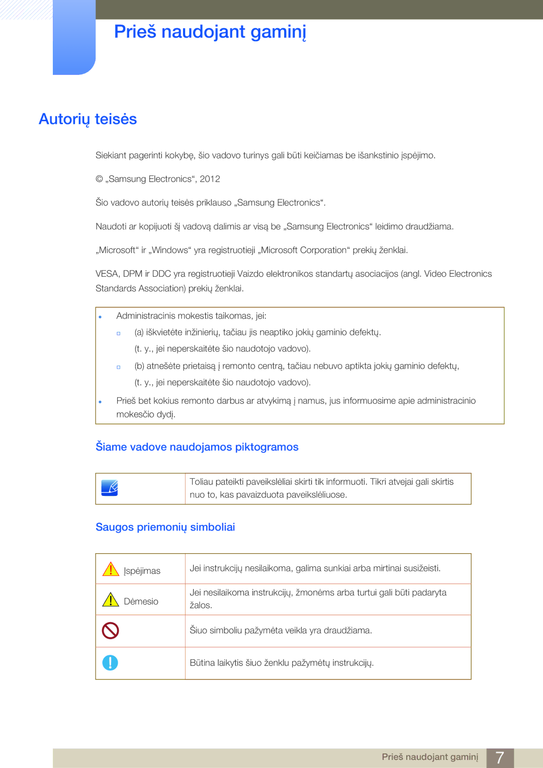 Samsung LF24FN1PFBZXEN, LF24NEBHBNU/EN manual Prieš naudojant gaminį, Autorių teisės, Šiame vadove naudojamos piktogramos 