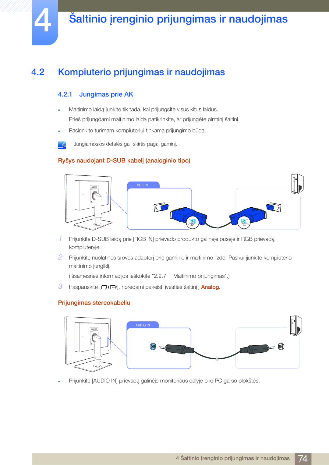 Samsung LF24NEBHBNU/EN, LF24FN1PFBZXEN Kompiuterio prijungimas ir naudojimas, Jungimas prie AK, Prijungimas stereokabeliu 