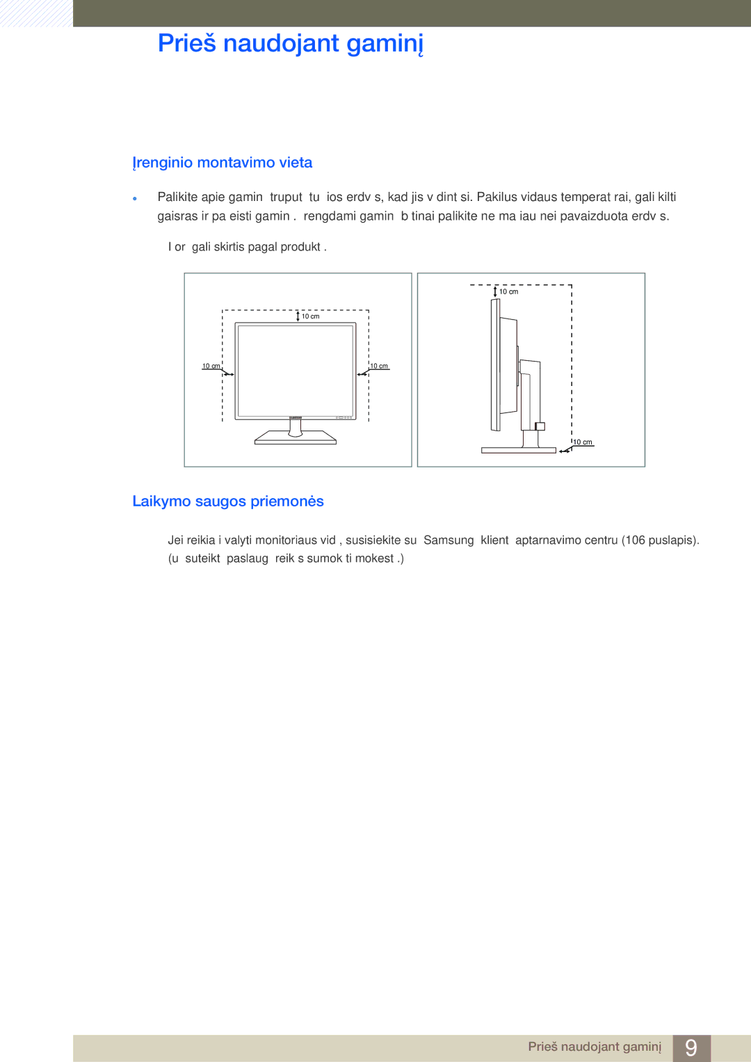 Samsung LF24FN1PFBZXEN, LF24NEBHBNU/EN manual Įrenginio montavimo vieta, Laikymo saugos priemonės 