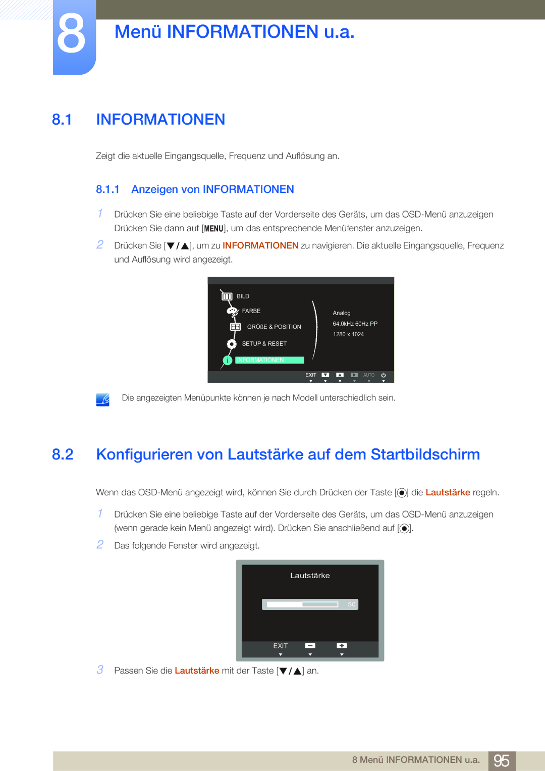 Samsung LF24NEBHBNW/EN, LF19NEBHBNM/EN manual Menü Informationen u.a, Konfigurieren von Lautstärke auf dem Startbildschirm 