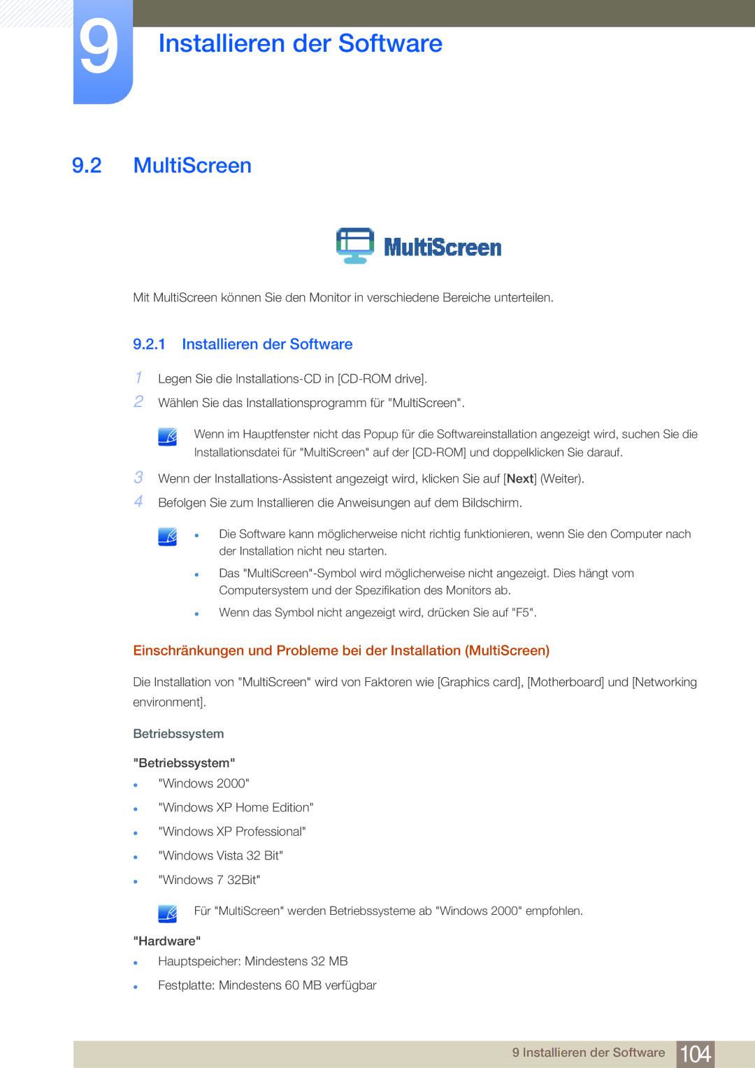 Samsung LF24NSBTBN/EN, LF22NSBTBN/EN manual MultiScreen, Installieren der Software, Betriebssystem 